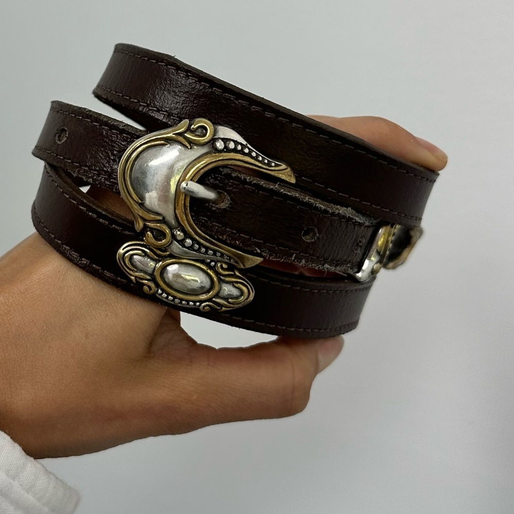 ⛔️SOLD⛔️Vintage Mixed Metal Two Tone Brown Leather Western Narrow Belt Adjustabl - Picture 3 of 9